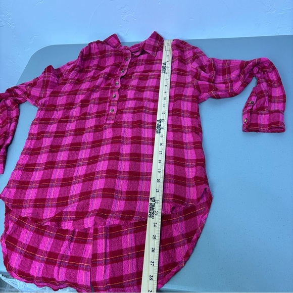 Anthropologie XS Women's Plaid Pink Red Flannel Gauze Shirt Button High Low - Picture 11 of 12